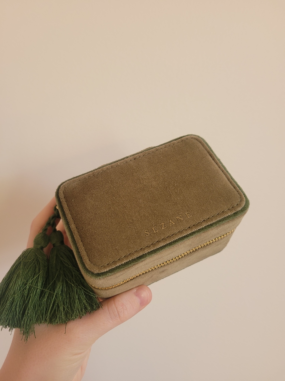 Sézane Olive Green Velvet Jewelry Case with Tassel